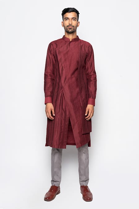Buy_Amaare_Maroon Wool Bend Asymmetric Kurta And Pant Set  _Online_at_Aza_Fashions
