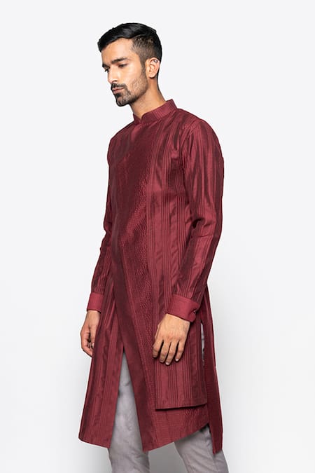 Shop_Amaare_Maroon Wool Bend Asymmetric Kurta And Pant Set  _Online_at_Aza_Fashions