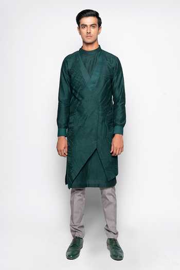 Buy_Amaare_Green Wool Bend Layered Kurta And Pant Set _Online_at_Aza_Fashions