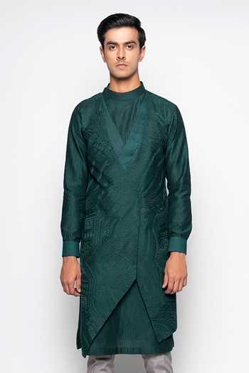 Shop_Amaare_Green Wool Bend Layered Kurta And Pant Set _Online_at_Aza_Fashions
