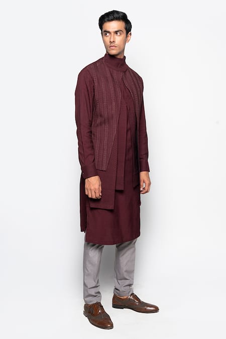 Amaare Maroon Wool Bend Layered Kurta And Pant Set Online at Aza Fashions Amaare_Maroon Wool Bend Layered Kurta And Pant Set _Online_at_Aza_Fashions