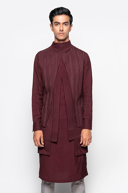 Shop Amaare Maroon Wool Bend Layered Kurta And Pant Set Online at Aza Fashions Shop_Amaare_Maroon Wool Bend Layered Kurta And Pant Set _Online_at_Aza_Fashions