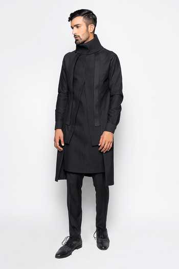Buy_Amaare_Black Wool Bend Layered Kurta And Pant Set _Online_at_Aza_Fashions