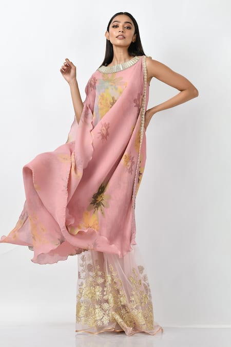 Kiran Uttam Ghosh Peach Pleated Polyester Mix Floral Motif Round Print Draped Dress 