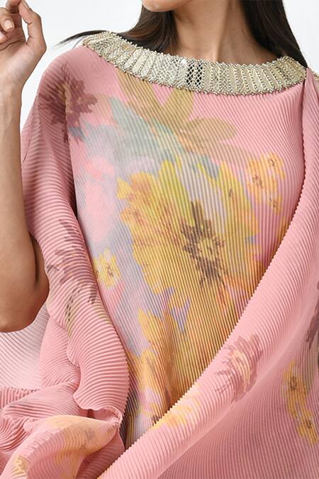 Kiran Uttam Ghosh Peach Pleated Polyester Mix Floral Motif Round Print Draped Dress Online at Aza Fashions Kiran Uttam Ghosh_Peach Pleated Polyester Mix Floral Motif Round Print Draped Dress _Online_at_Aza_Fashions