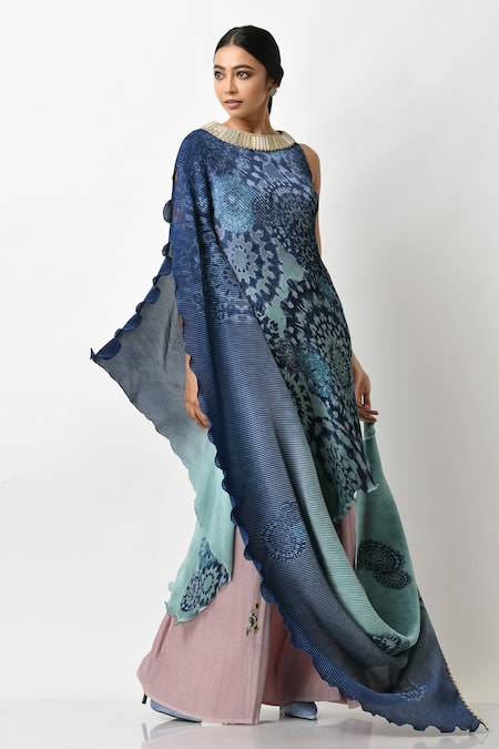 Kiran Uttam Ghosh - Blue Pleated Polyester Mix Printed Batik Motifs Round  Draped Dress For Women