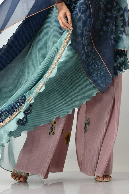 Buy_Kiran Uttam Ghosh_Blue Pleated Polyester Mix Batik Motifs Round Print Draped Dress _Online_at_Aza_Fashions