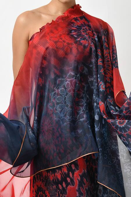 Kiran Uttam Ghosh_Blue Pleated Polyester Mix Batik Motifs One Shoulder Print Draped Dress _Online_at_Aza_Fashions