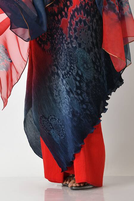 Buy_Kiran Uttam Ghosh_Blue Pleated Polyester Mix Batik Motifs One Shoulder Print Draped Dress _Online_at_Aza_Fashions