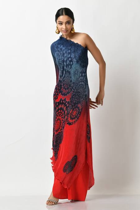 Buy_Kiran Uttam Ghosh_Blue Pleated Polyester Mix Batik Motifs One Shoulder Print Dress _Online_at_Aza_Fashions