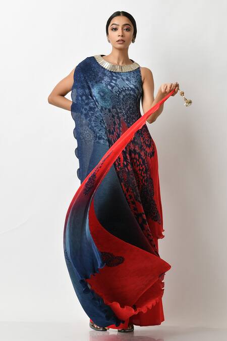 Kiran Uttam Ghosh_Blue Pleated Polyester Mix Printed Batik Motifs Round Ombre Gown  _Online_at_Aza_Fashions