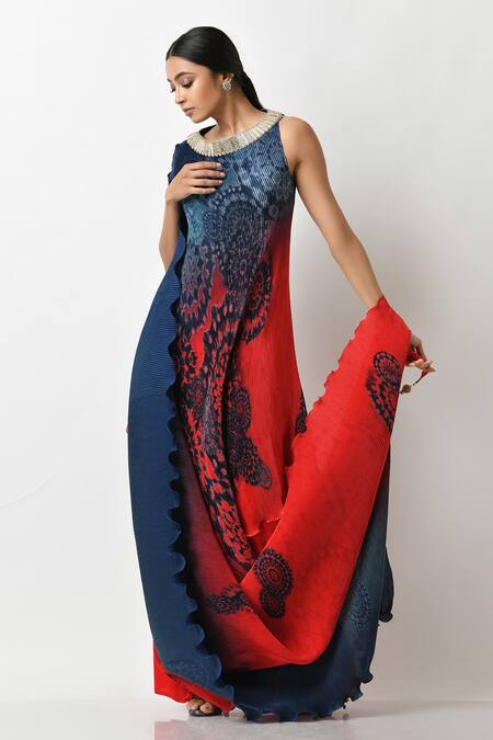 Buy_Kiran Uttam Ghosh_Blue Pleated Polyester Mix Printed Batik Motifs Round Ombre Gown  _Online_at_Aza_Fashions