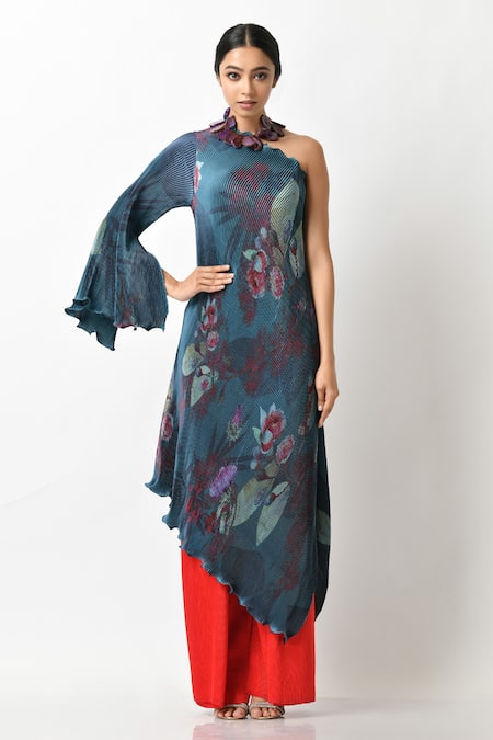 Kiran Uttam Ghosh Blue Pleated Polyester Mix Floral Motif One Shoulder Printed Dress 