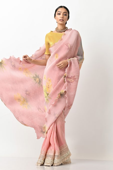 Kiran Uttam Ghosh Peach Pleated Polyester Mix Printed Saree With Unstitched Blouse Piece  