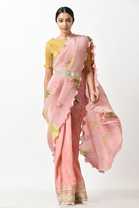 Kiran Uttam Ghosh Floral Print Saree With Unstitched Blouse Piece 