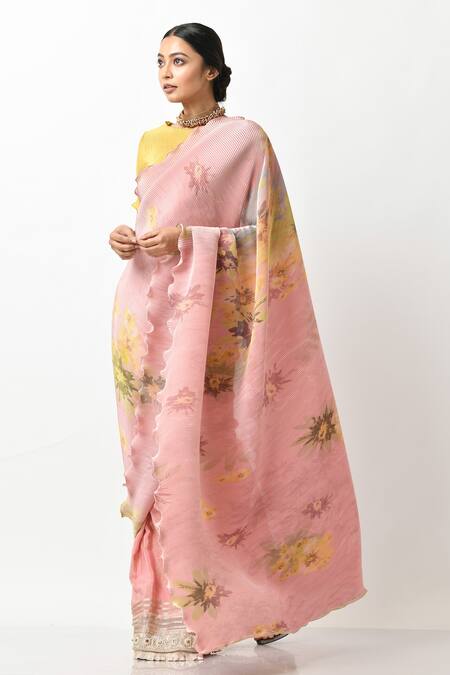 Buy_Kiran Uttam Ghosh_Peach Pleated Polyester Mix Floral Print Saree With Unstitched Blouse Piece _Online_at_Aza_Fashions