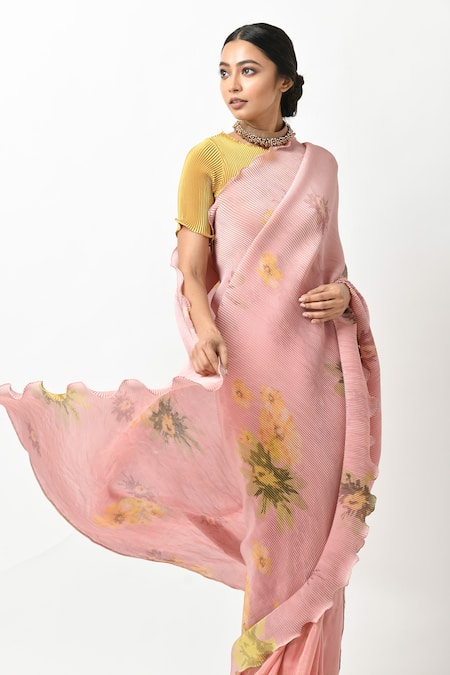 Shop_Kiran Uttam Ghosh_Peach Pleated Polyester Mix Floral Print Saree With Unstitched Blouse Piece _Online_at_Aza_Fashions