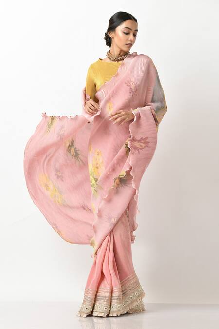 Kiran Uttam Ghosh_Yellow Pleated Polyester Mix Plain Boat Neckline Blouse_Online_at_Aza_Fashions