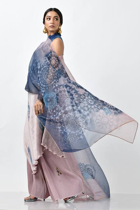 Buy_Kiran Uttam Ghosh_Blue Organza Batik Motif V-neck Print Cape _Online_at_Aza_Fashions
