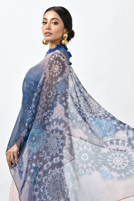 Shop_Kiran Uttam Ghosh_Blue Organza Batik Motif V-neck Print Cape _Online_at_Aza_Fashions