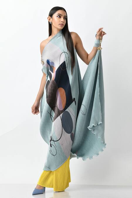 Kiran Uttam Ghosh_Blue Pleated Polyester Mix Printed Geometric Motif One Draped Gown  _Online_at_Aza_Fashions