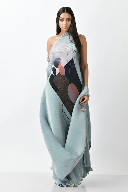 Kiran Uttam Ghosh Geometric Print Draped Gown 