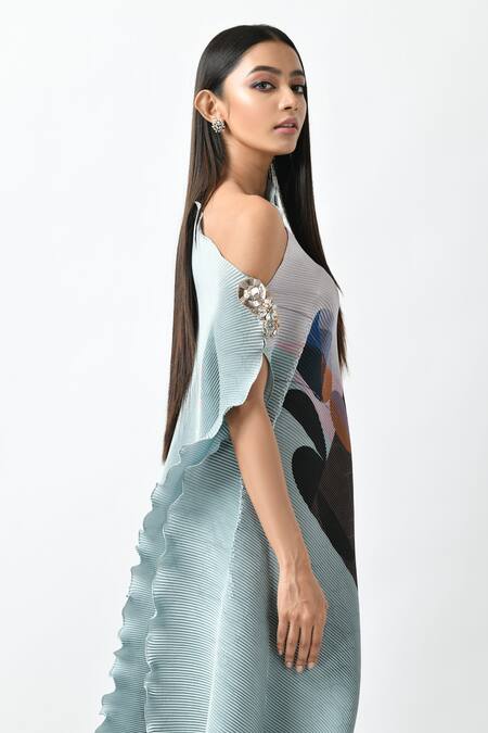 Buy_Kiran Uttam Ghosh_Blue Pleated Polyester Mix Printed Geometric Motif One Draped Gown  _Online_at_Aza_Fashions