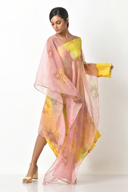 Kiran Uttam Ghosh Peach Organza Floral Open Neck Print Cape 