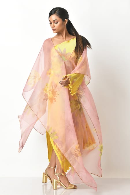Kiran Uttam Ghosh_Peach Organza Floral Open Neck Print Cape _Online_at_Aza_Fashions