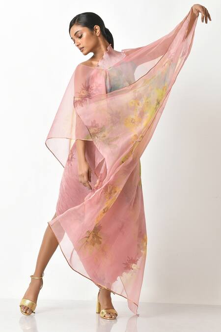 Buy_Kiran Uttam Ghosh_Peach Organza Floral Open Neck Print Cape _Online_at_Aza_Fashions