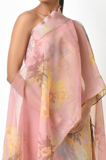 Shop_Kiran Uttam Ghosh_Peach Organza Floral Open Neck Print Cape _Online_at_Aza_Fashions