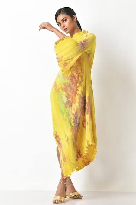 Kiran Uttam Ghosh Yellow Pleated Polyester Mix Floral Print One Shoulder Dress 