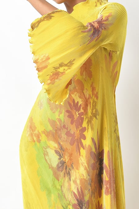 Kiran Uttam Ghosh Yellow Pleated Polyester Mix Floral Print One Shoulder Dress Online at Aza Fashions Kiran Uttam Ghosh_Yellow Pleated Polyester Mix Floral Print One Shoulder Dress _Online_at_Aza_Fashions