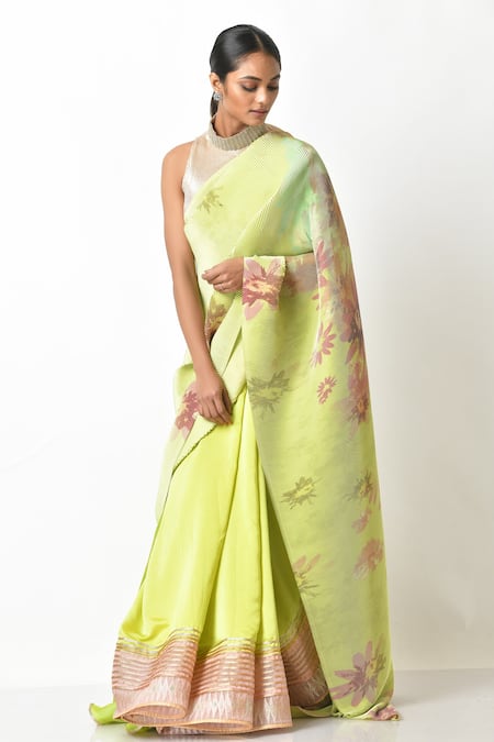 Kiran Uttam Ghosh Green Pleated Polyester Mix Printed Saree With Unstitched Blouse Piece  