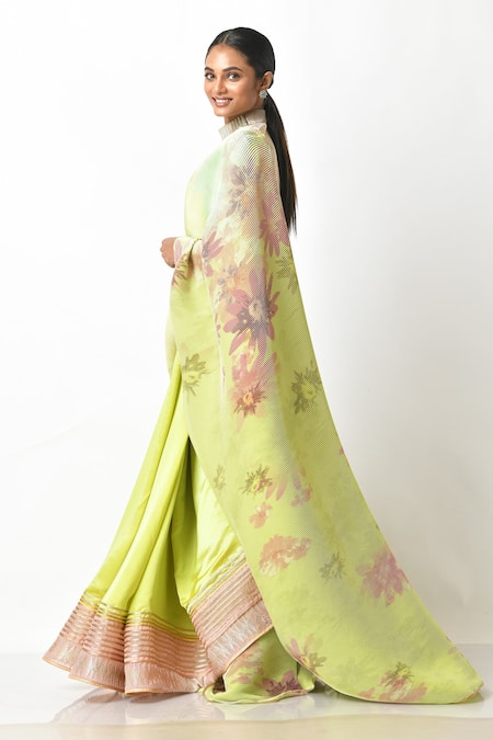 Shop_Kiran Uttam Ghosh_Green Pleated Polyester Mix Printed Saree With Unstitched Blouse Piece  _at_Aza_Fashions
