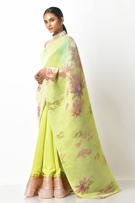 Kiran Uttam Ghosh_Green Pleated Polyester Mix Printed Saree With Unstitched Blouse Piece  _Online_at_Aza_Fashions
