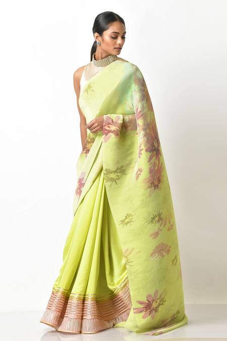 Buy_Kiran Uttam Ghosh_Green Pleated Polyester Mix Printed Saree With Unstitched Blouse Piece  _Online_at_Aza_Fashions