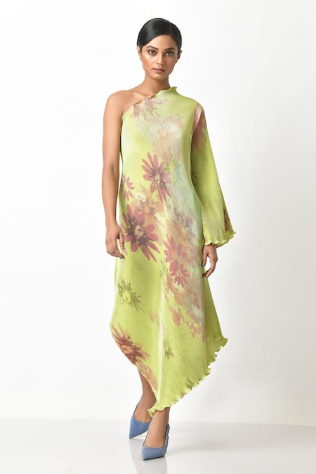 Kiran Uttam Ghosh Green Pleated Polyester Mix Floral Print One Shoulder Dress 