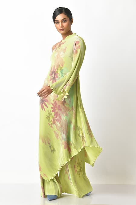 Buy_Kiran Uttam Ghosh_Green Pleated Polyester Mix Floral Print One Shoulder Dress _Online_at_Aza_Fashions