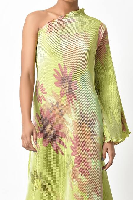 Shop_Kiran Uttam Ghosh_Green Pleated Polyester Mix Floral Print One Shoulder Dress _Online_at_Aza_Fashions
