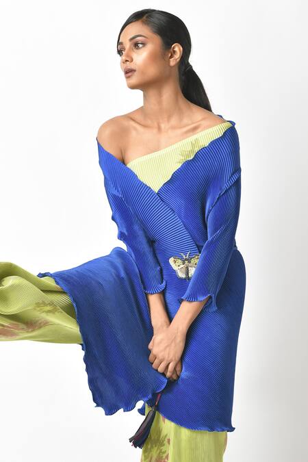 Buy_Kiran Uttam Ghosh_Blue Pleated Polyester Mix V Neck Wrap Style Jacket _Online_at_Aza_Fashions