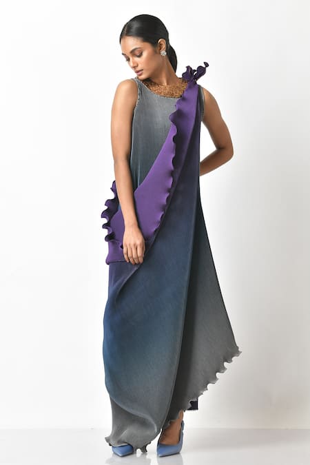 Kiran Uttam Ghosh_Grey Pleated Polyester Mix Embroidery Sequin Round Gown With Drape  _Online_at_Aza_Fashions