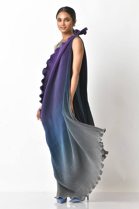 Buy_Kiran Uttam Ghosh_Grey Pleated Polyester Mix Embroidery Sequin Round Gown With Drape  _Online_at_Aza_Fashions