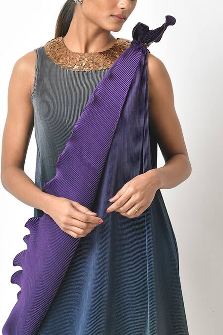 Shop_Kiran Uttam Ghosh_Grey Pleated Polyester Mix Embroidery Sequin Round Gown With Drape  _Online_at_Aza_Fashions