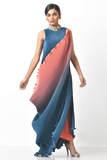 Kiran Uttam Ghosh_Blue Pleated Polyester Mix Embroidery Sequin And Thread Gown With Drape  _Online_at_Aza_Fashions