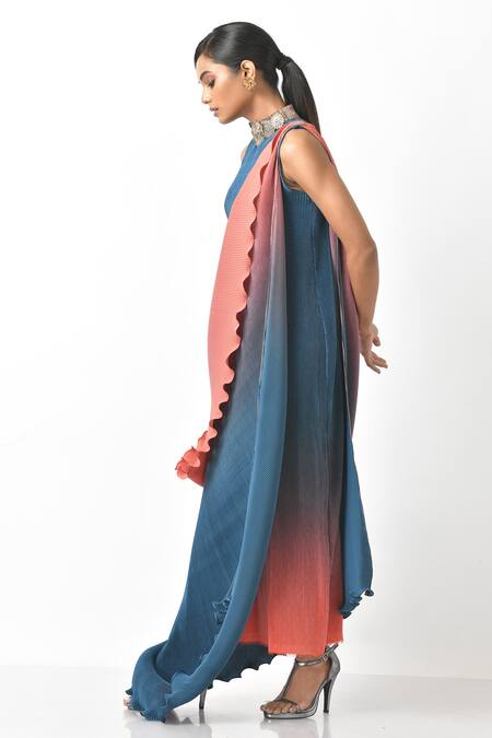 Shop_Kiran Uttam Ghosh_Blue Pleated Polyester Mix Embroidery Sequin And Thread Gown With Drape  _Online_at_Aza_Fashions