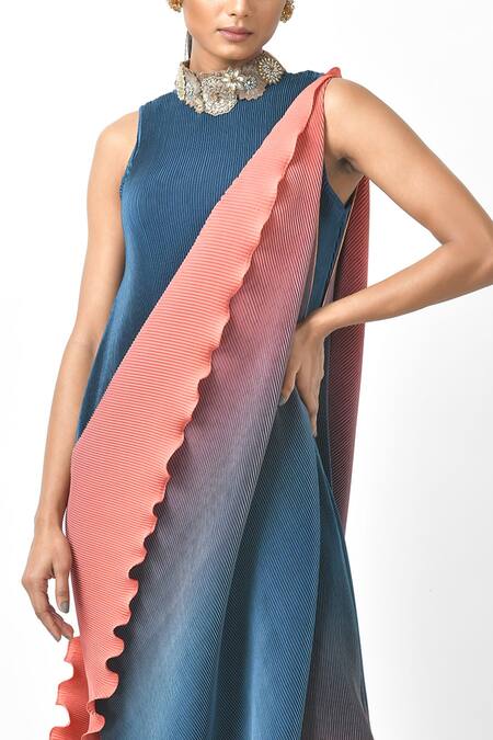 Kiran Uttam Ghosh_Blue Pleated Polyester Mix Embroidery Sequin And Thread Gown With Drape  _at_Aza_Fashions