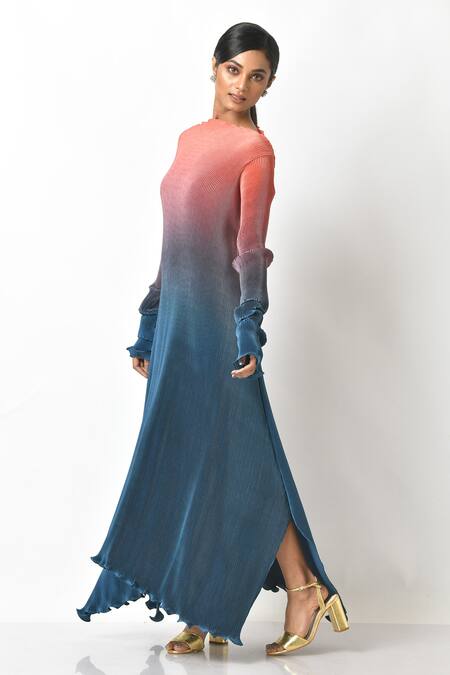 Kiran Uttam Ghosh_Blue Pleated Polyester Mix Round Gown _Online_at_Aza_Fashions