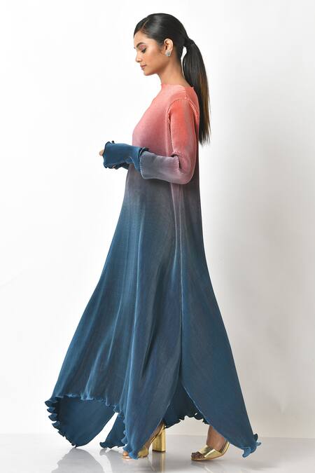 Buy_Kiran Uttam Ghosh_Blue Pleated Polyester Mix Round Gown _Online_at_Aza_Fashions