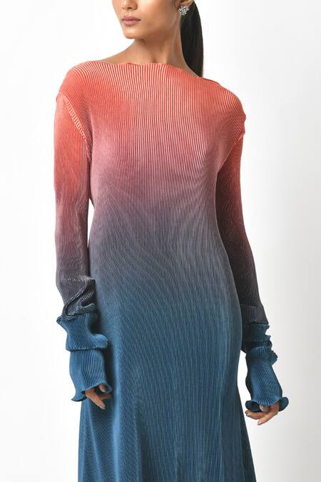 Shop Kiran Uttam Ghosh Blue Pleated Polyester Mix Round Gown Online at Aza Fashions Shop_Kiran Uttam Ghosh_Blue Pleated Polyester Mix Round Gown _Online_at_Aza_Fashions